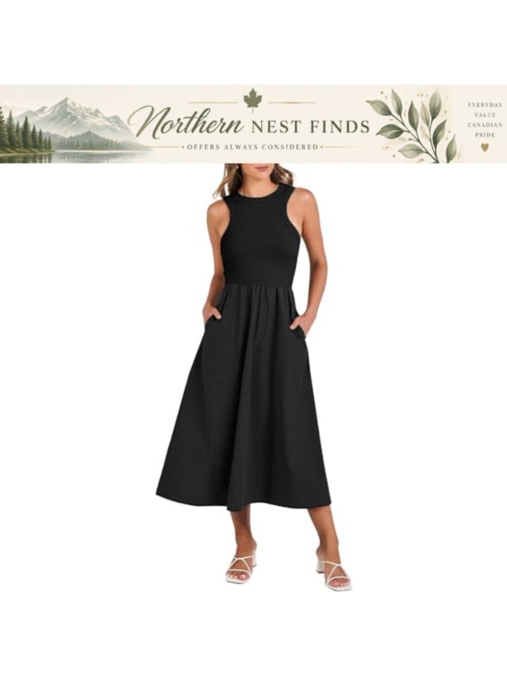 Women's Summer Sleeveless Midi Dress Knit High Neck Racerback Flowy Pockets